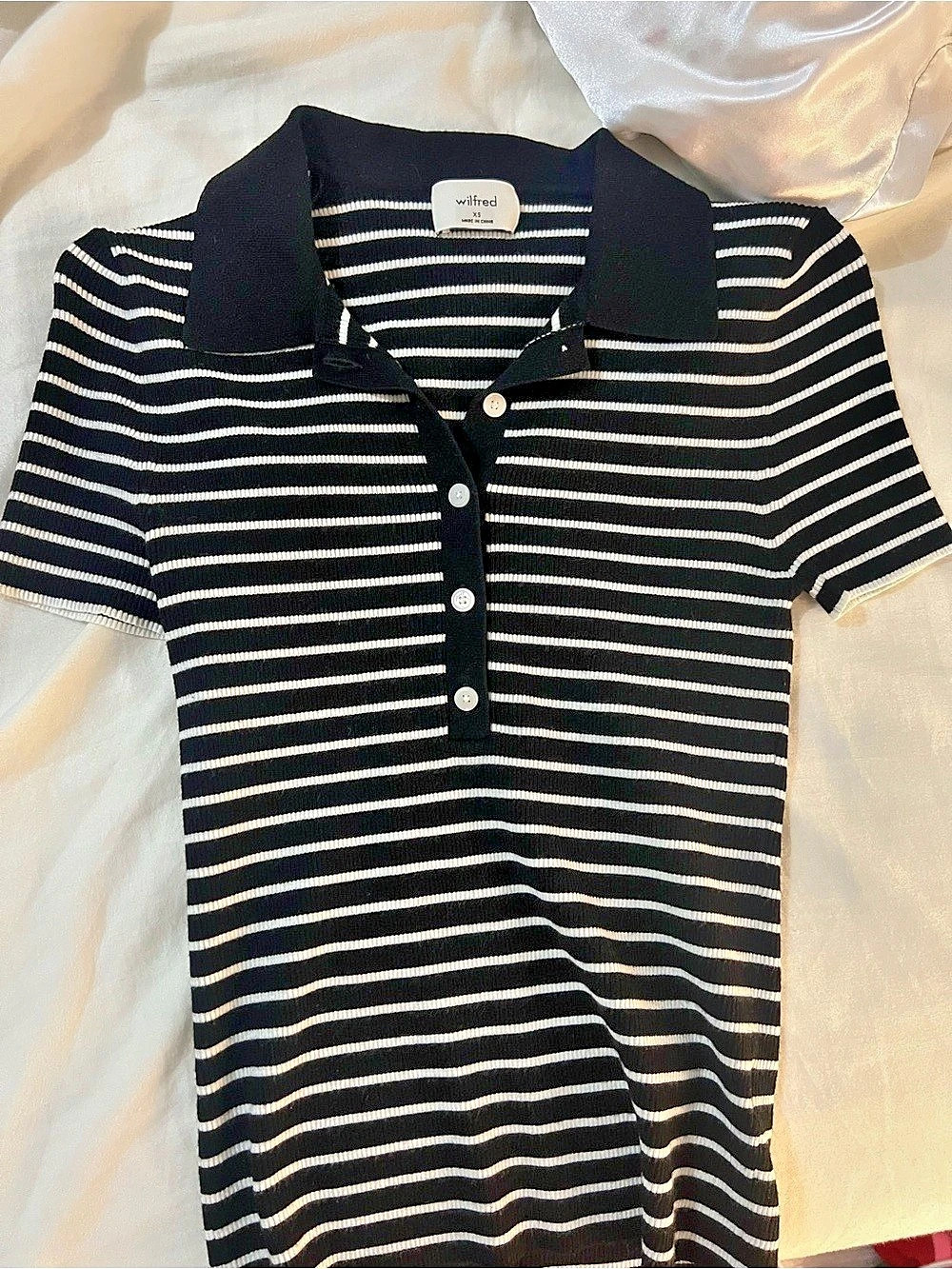 Aritzia Wilfred Striped Polo Top in Black & White Size XS